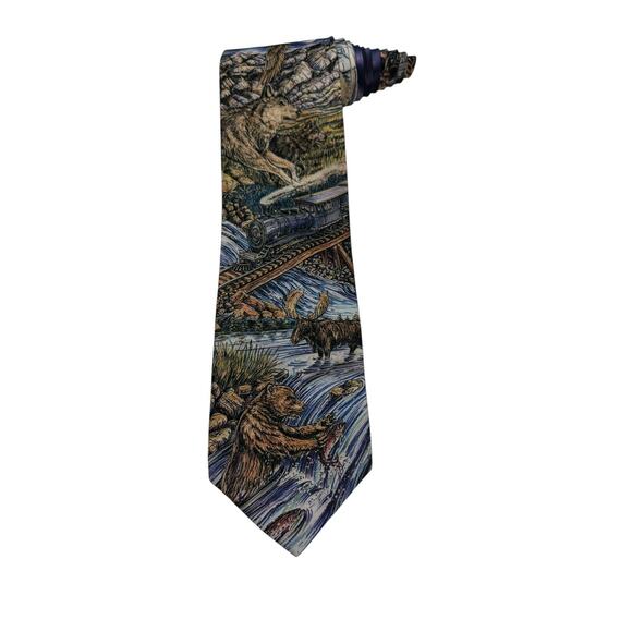 D’em Crazy Train Moose Bears Eagle Wild Life Vintage Necktie polyester - Picture 1 of 5